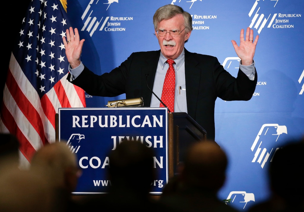 FILE - In this March 29, 2014, file photo, former U.S. ambassador to the U.N. John Bolton speaks at the Republican Jewish Coalition in Las Vegas. President Donald Trump’s pick of Bolton for his next national security adviser stirred up the same burning question Friday in Washington as in anxious foreign capitals: Just how much will his hawkish, confrontational approach rub off on Trump? (AP Photo/Julie Jacobson, File)