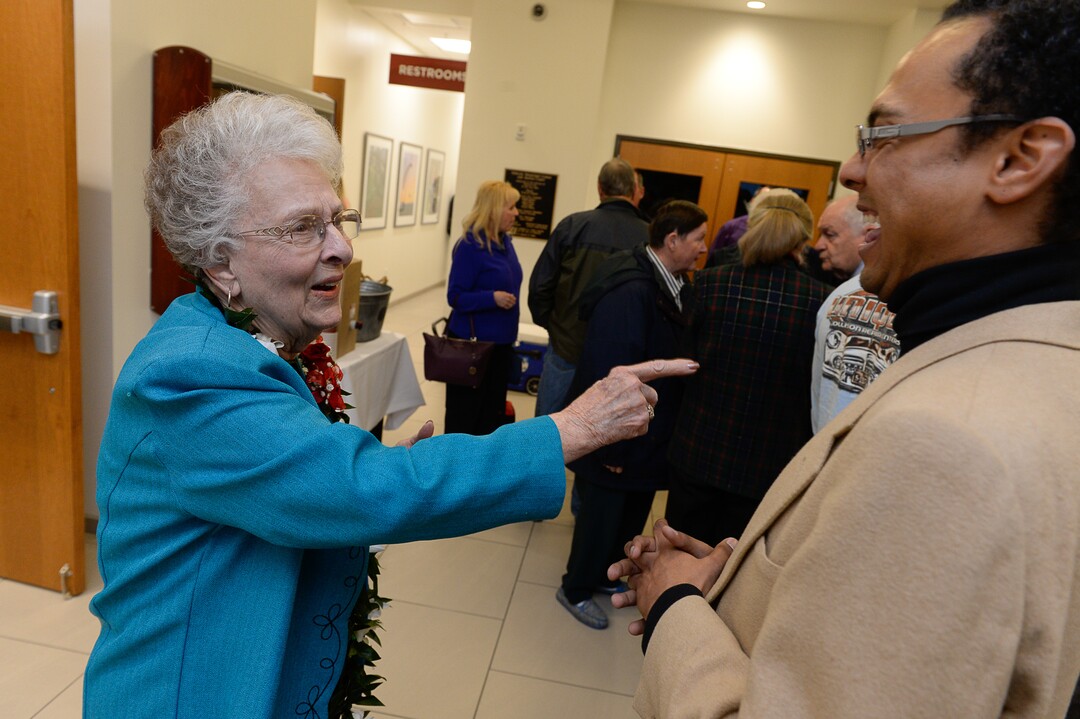(Francisco Kjolseth  |  The Salt Lake Tribune)  Midvale Mayor JoAnn Seghini speaks with Daniel Daniels, Executive Director of the Middle Arts Council during her retirement reception hosted in her honor at Midvale City Hall on Thursday, Dec. 14, 2017.
