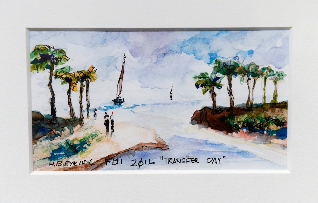 Leah Hogsten  |  The Salt Lake Tribune   "Fiji Transfer Day, 2016." Henry Eyring's extensive watercolor collection, on display now through January 21, 2019 at the Church History Museum. The collection, titled: “A Visual Journal: The Artwork of Henry B. Eyring,” reveals Eyring's memories with family, friends and trips. Eyring is second counselor in the First Presidency of The Church of Jesus Christ of Latter-day Saints.  