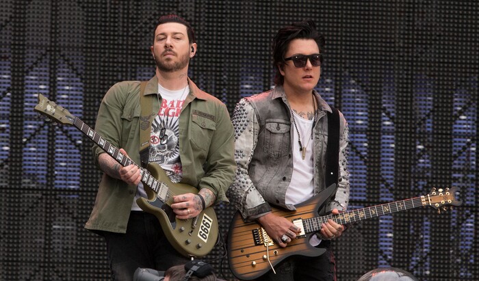 (Photo by Owen Sweeney/Invision/AP) Zacky Vengeance, left, said the differing guitar-playing styles of he and Avenged Sevenfold bandmate Synyster Gates, right, have proven quite complementary.