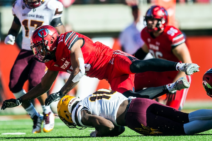 (Chris Detrick  |  The Salt Lake Tribune)  Utah Utes defensive back Corrion Ballard (15) targets Arizona State Sun Devils wide receiver Kyle Williams (10) during the game at Rice-Eccles Stadium Saturday, October 21, 2017.  Arizona State Sun Devils defeated Utah Utes 30-10.