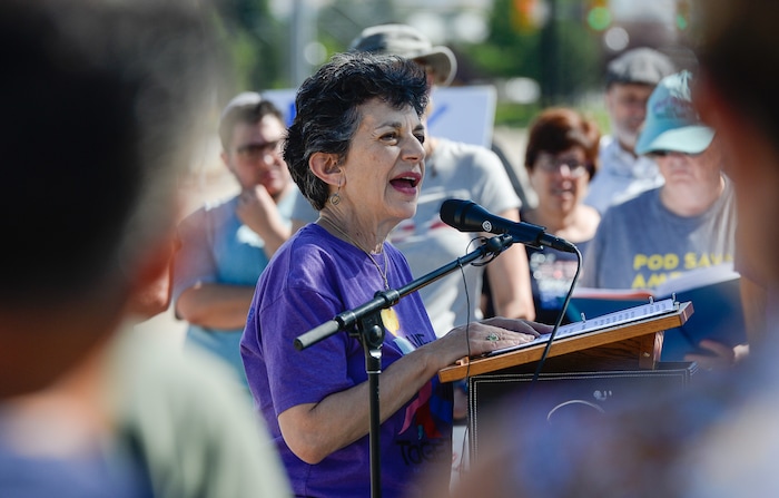 (Francisco Kjolseth  |  The Salt Lake Tribune)  Utah State Representative Patrice Arent, D-Millcreek, Co-President of the National Association of Jewish Legislators, speaks to those gathered outside of the U.S. Immigration and Customs Enforcement (ICE) field office at 2975 S. Decker Lake Drive, West Valley City, on Saturday, Aug. 10, 2019, for a Close The Camps vigil.