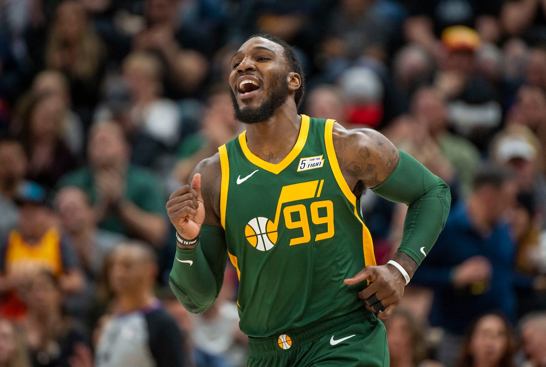 (Rick Egan  |  The Salt Lake Tribune)  Utah Jazz forward Jae Crowder (99) smiles after a big slam dunk brings the Jazz with in two points of the Nets, in NBA action between Utah Jazz and Brooklyn Nets at Vivint Smart Home Arena, Saturday, March 16, 2019.