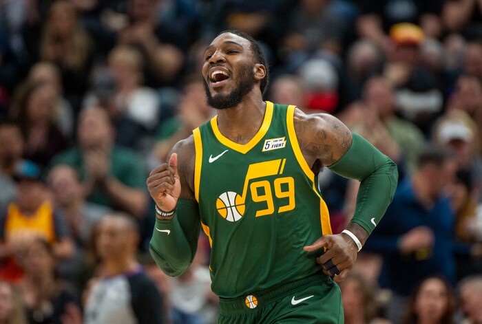 (Rick Egan  |  The Salt Lake Tribune)  Utah Jazz forward Jae Crowder (99) smiles after a big slam dunk brings the Jazz with in two points of the Nets, in NBA action between Utah Jazz and Brooklyn Nets at Vivint Smart Home Arena, Saturday, March 16, 2019.



