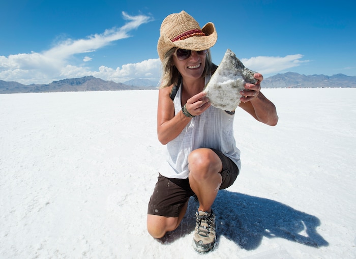 (Rick Egan  |  The Salt Lake Tribune)  University of Utah professor Brenda Bowen examines a salt samples she does research on the Bonneville Salt Flats, and the effects human activity has had on the salt crust.

Friday, August 11, 2017.


