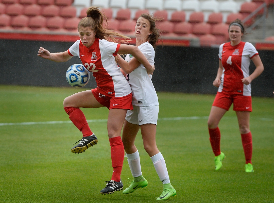 (Scott Sommerdorf   |  The Salt Lake Tribune)   American Fork's Jamie Shepherd controls the ball against Syracuse's Porter Brown, during first half play. American Fork beat Syracuse 3-1 to win the 6A championship game played at Rio Tinto, Friday, October 20, 2017. 