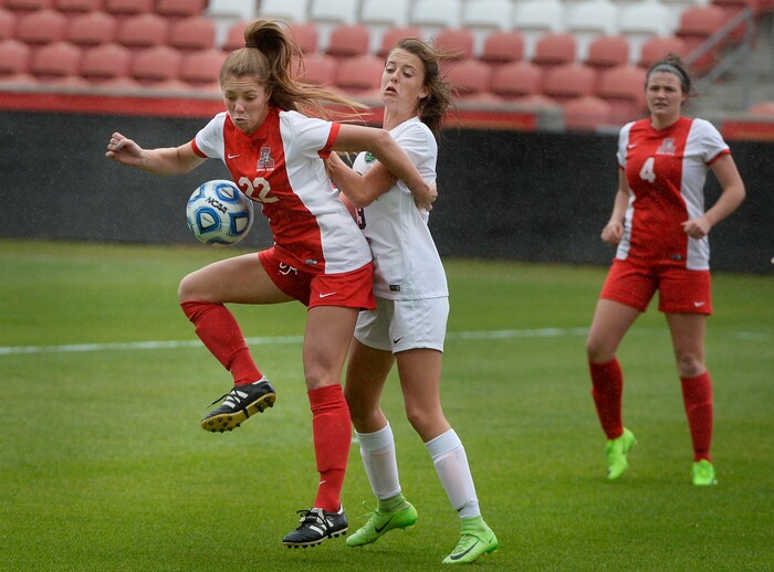 (Scott Sommerdorf   |  The Salt Lake Tribune)   American Fork's Jamie Shepherd controls the ball against Syracuse's Porter Brown, during first half play. American Fork beat Syracuse 3-1 to win the 6A championship game played at Rio Tinto, Friday, October 20, 2017. 