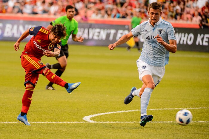 (Trent Nelson | The Salt Lake Tribune)
Real Salt Lake midfielder Jose Hernandez (29) takes a shot as Real Salt Lake hosts Sporting Kansas City in a U.S. Open Cup match in Sandy, Wednesday June 6, 2018.