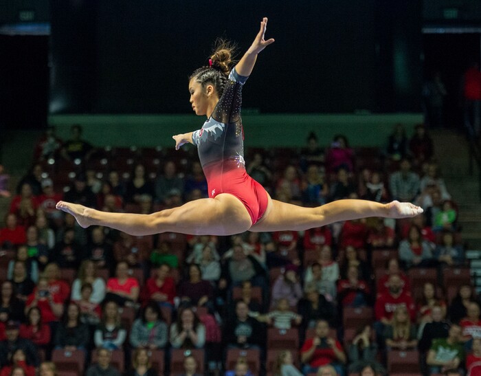 (Rick Egan  |  The Salt Lake Tribune)    Kari Lee competes on the balance beam for Utah, in the PAC-12 Gymnastics Championships at the Maverik Center, Saturday, March 23, 2019.


