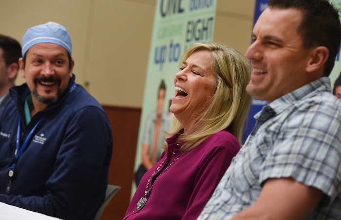 (Francisco Kjolseth  |  The Salt Lake Tribune)  Transplant surgeon at Intermountain Medical Center Manuel Rodriguez-Davalos, left, Gwen Finlayson and her son Brandon share a laugh as they talk about the ultimate Mother's Day gift when Brandon donated part of his liver to his mother Gwen in early February. Gwen who was diagnosed with autoimmune hepatitis in 1991 reached the critical point of needing a new liver which led to her son stepping up to help his mother.