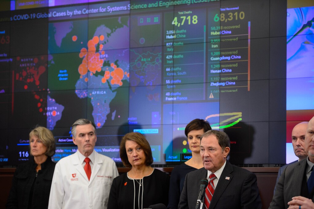 (Trent Nelson | The Salt Lake Tribune) Gov. Gary Herbert speaks at a news conference in the state's Emergency Operations Center on Thursday, March 12, 2020 addressing the current state of COVID-19 in Utah. Representatives from the Utah System of Higher Education, the Utah Board of Education, Utah Jazz, local health authorities and Utah Department of Health were also present.