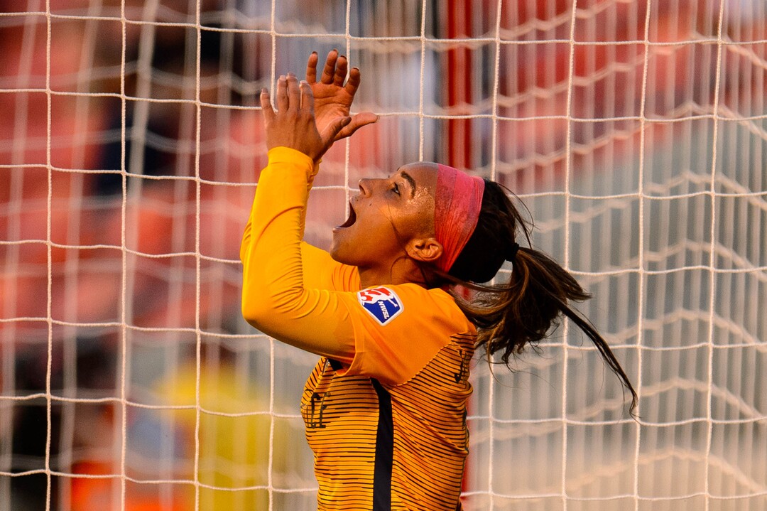(Trent Nelson  |  The Salt Lake Tribune)  Utah Royals FC defender Samantha Johnson (16) reacts to nearly scoring on a header as Utah Royals FC hosts Sky Blue FC at Rio Tinto Stadium in Sandy on Saturday June 15, 2019.