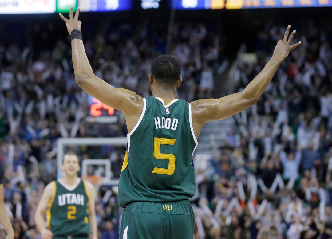 Utah Jazz guard Rodney Hood (5) reacts after Utah Jazz forward Joe Ingles (2) scores a 3-pointer against the New Orleans Pelicans during the second half in an NBA basketball game Monday, March 6, 2017, in Salt Lake City. The Jazz won 88-83. (AP Photo/Rick Bowmer)