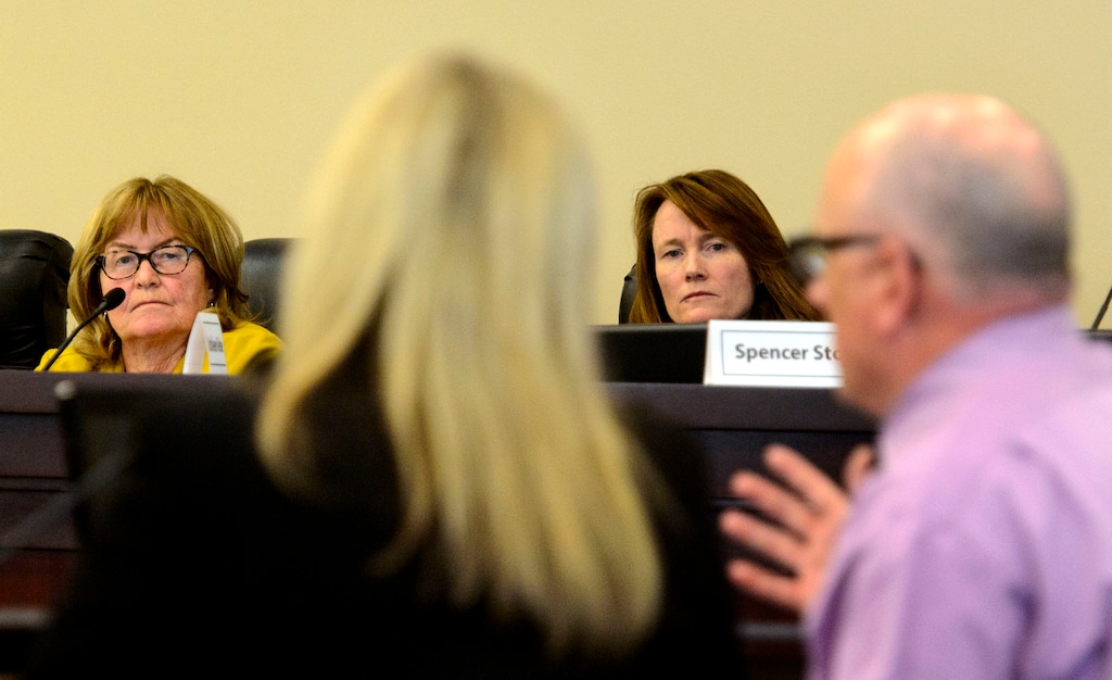 (Steve Griffin  |  The Salt Lake Tribune file photo)  Utah State Board of Education members Carol Lear and Kathleen Riebe listen to comments during a February board meeting.