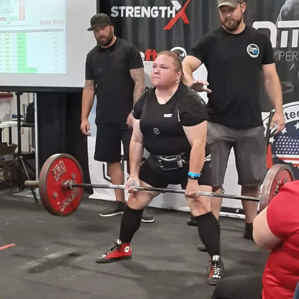 (Courtesy of Theresea Daniel) Theresea Daniel, a teacher at Murray's Viewmont Elementary School, deadlifts at a powerlifting competition in South Jordan in September 2022.