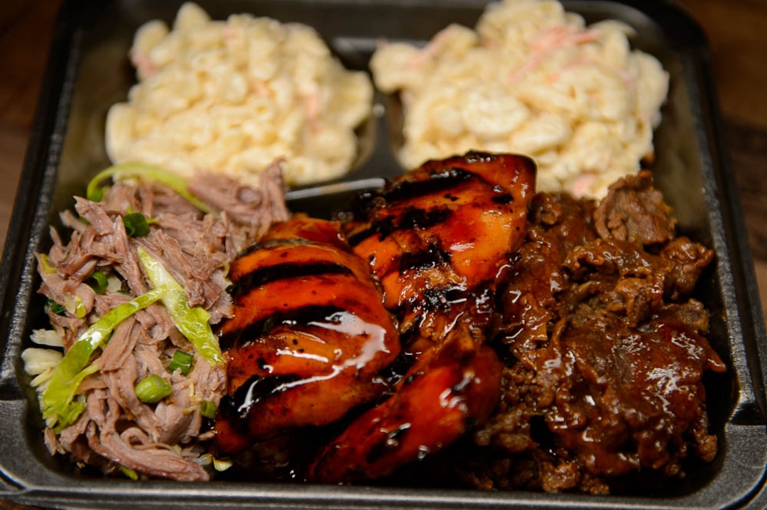 (Trent Nelson | The Salt Lake Tribune)  Three-meat combination plate — teriyaki steak, teriyaki chicken and Kalua pork, at Sagato Bakery and Cafe, a new Polynesian eatery in Midvale. Tuesday Feb. 5, 2019.
