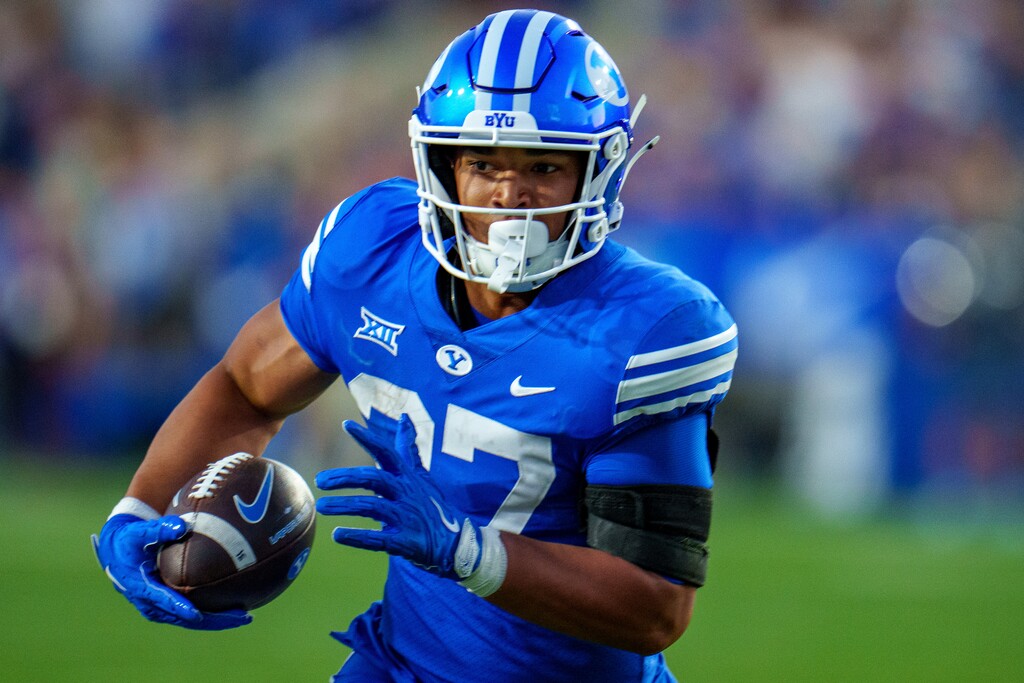 (Trent Nelson | The Salt Lake Tribune) Brigham Young Cougars running back LJ Martin (27) as BYU hosts Southern Illinois, NCAA football in Provo on Saturday, Aug. 31, 2024.