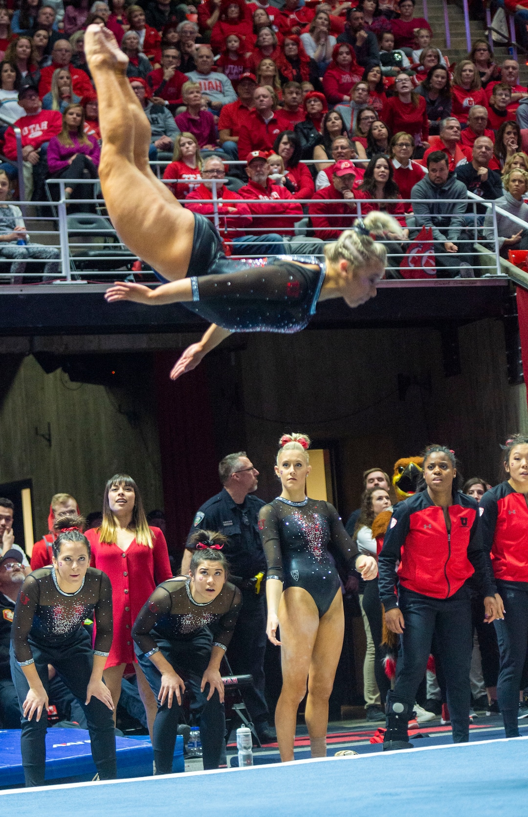(Rick Egan  |  The Salt Lake Tribune)   Sydney Soloski competes on the floor for Utah, in PAC-12 gymnastics action between the UCLA Bruins and the University of Utah, at the Jon M. Huntsman Center, Saturday, Feb. 23, 2019.