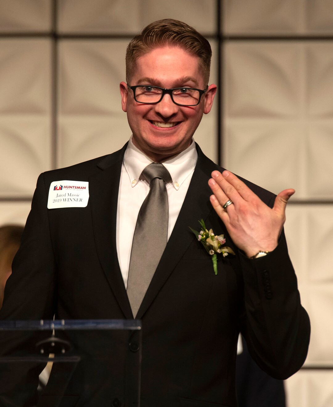 (Rick Egan  |  The Salt Lake Tribune)   Education Award winner, Jared Massic, teacher, Maple Mountain High School receives his award at the Huntsman Awards for Excellence in Education at the Grand America Hotel, Friday,  April 26, 2019.