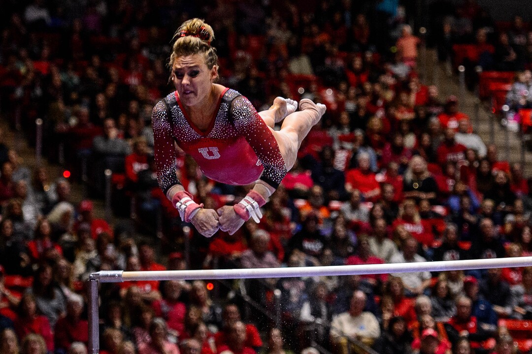 Trent Nelson  |  The Salt Lake TribuneTiffani Lewis on the bars as the University of Utah hosts Michigan, NCAA gymnastics at the Huntsman Center in Salt Lake City, Saturday January 7, 2017.