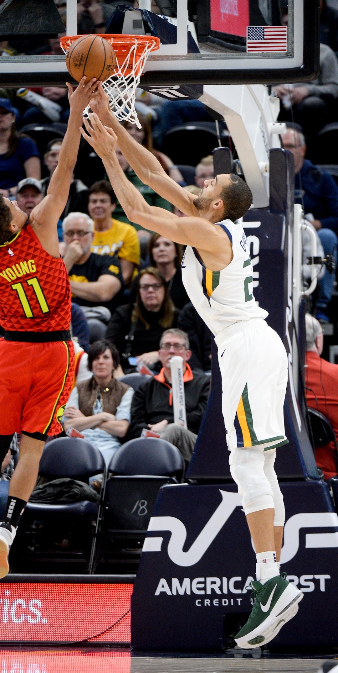 Leah Hogsten  |  The Salt Lake Tribune  Utah Jazz center Rudy Gobert (27) stops Atlanta Hawks guard Trae Young (11) under the net as the Utah Jazz take on the Atlanta Hawks, Feb. 1, 2019 at Vivint Smart Home Arena. 