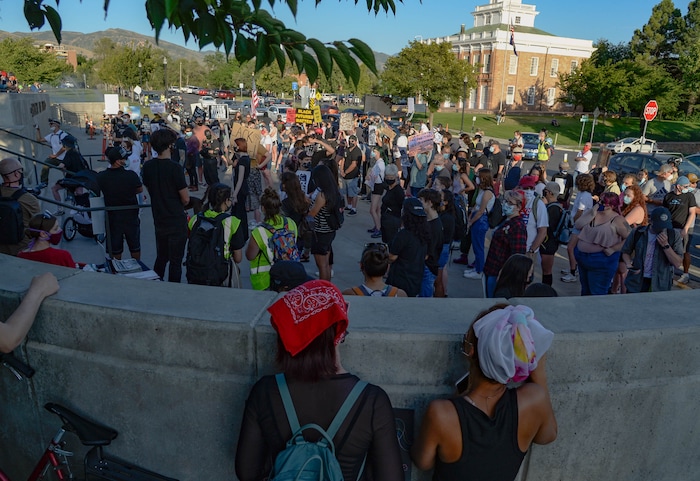 (Francisco Kjolseth  |  The Salt Lake Tribune) As part of national day of protest against police crimes, the National Alliance Against Racist and Political Repression, the Salt Lake Civilian Police Accountability Council and other groups gather at the Utah Capitol on Saturday, July 18, 2020, before marching to the Governor’s mansion to demand for a special session to repeal HB 415, which prohibits municipalities from establishing a board or committee with regulatory power over police departments.