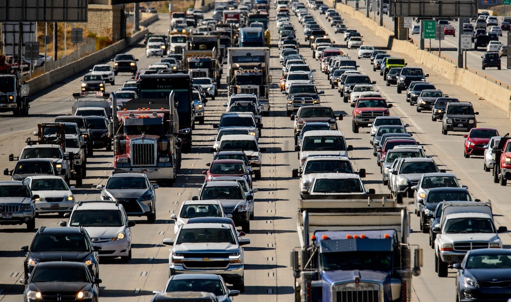 (Trent Nelson  |  The Salt Lake Tribune)  Southbound traffic on I-15 approaching Pleasant Grove on Wednesday Aug. 28, 2019.
