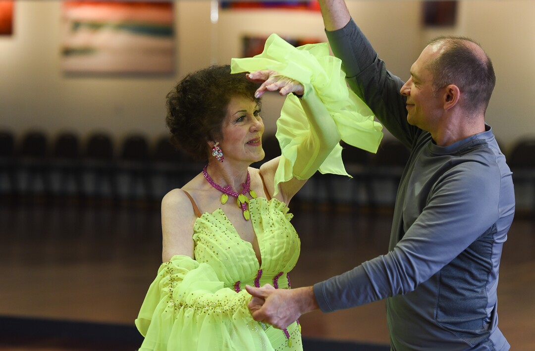 (Francisco Kjolseth  |  The Salt Lake Tribune)  Jean Woodruff, a 92-year-old who loves ballroom dancing and loves competitions, prepares for an upcoming competition with Martin Skupinski, founder of Ballroom Utah Dance Studio. Jean danced for years with her husband, and the couple taught lessons in a dance studio in their Holladay home. She stopped dancing after he had a stroke, and then died. Several years ago, she started dancing again, and now competes regularly.