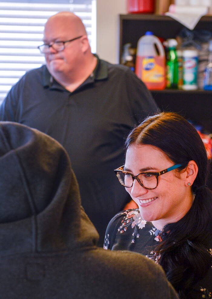 ( Leah Hogsten  |  The Salt Lake Tribune ) Left to right: Cory, who asked not to publish his surname due to the stigma of having been homeless, is trying to get his life back on track now that he has a stable place to live and the guidance of VOA program manager Roger Condie and Sarah Strang, VOA division director of homeless services. The Volunteers of America Utah operates two homes in Salt Lake City to help homeless young adults, many of whom were turned away by their families or aged out of foster care.