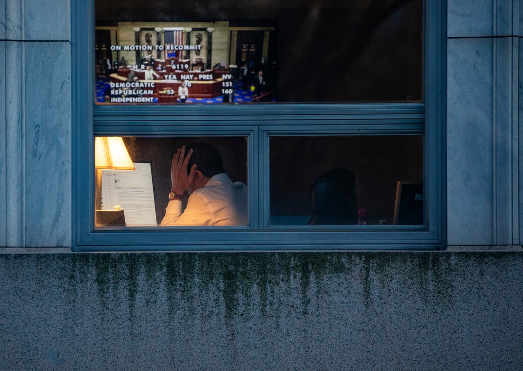 (Damon Winter | The New York Times)

A congressional staffer works late on Capitol Hill as lawmakers voted on a continuing resolution to fund the federal government, Thursday, Dec. 2, 2021. The current GOP attempts at extortion are both more naked and less rational than what happened during the Obama years, Paul Krugman writes.