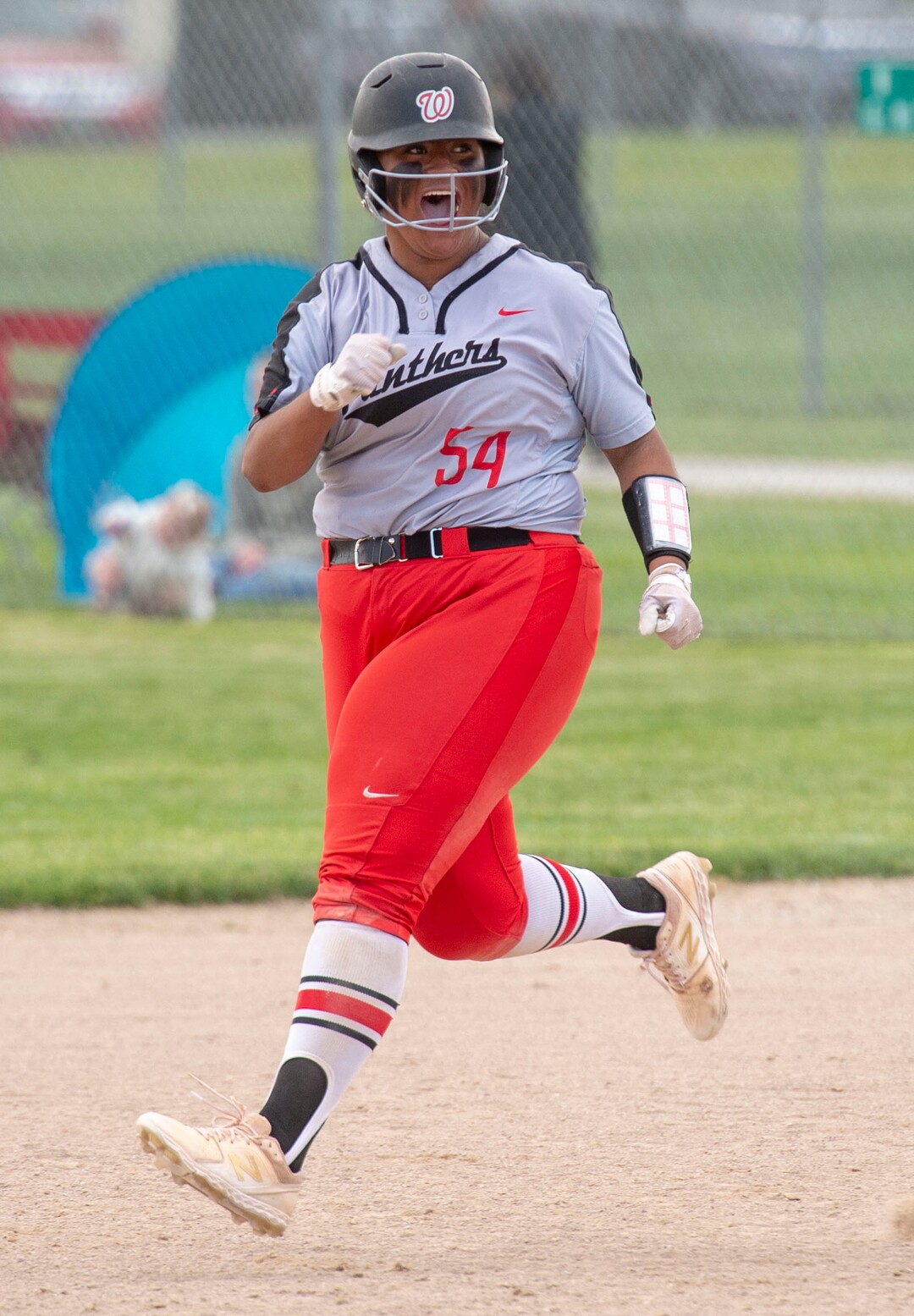 (Rick Egan  |  The Salt Lake Tribune)     West high short stop Huntyr Ava reacts after hitting another home run in game two for the Panthers, in 5A state championship action between the West High Panthers and the Bountiful Braves, in Taylorsville, Thursday May 30, 2019
