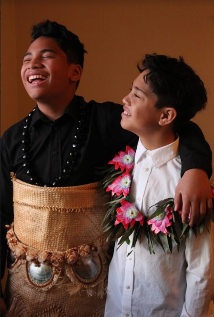(Photo courtesy of Moana Palelei HoChing) Manu Taula (left) wears traditional Pasifika attire next to Mason Taula (right) as they modeled for photos created for the launch of Pasifika First Fridays on March 3, 2018. They are nephews of the HoChing sisters who founded the pop-up festival and have been to every show since the launch. Pasifika First Fridays will be celebrating its two-year anniversary on Friday, March 6.