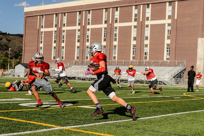 (Trent Nelson | The Salt Lake Tribune)  West's John Abercrombie runs the ball during practice in Salt Lake City, Wednesday September 20, 2017. After back-to-back winless seasons, the West Panthers are slowly starting to get back on track under second-year coach Justin Thompson.