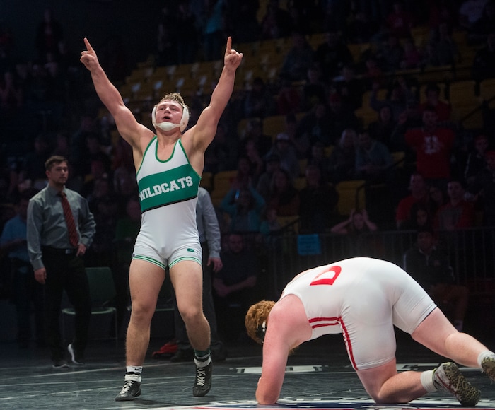 (Rick Egan  |  The Salt Lake Tribune)   Porter Fox (South Summit) celebrates his win over Bradden Davis (Delta) in the 285 weight class, (Dec 5-3) in 3A State Wrestling at UVU in Orem, Saturday, February 10, 2018.