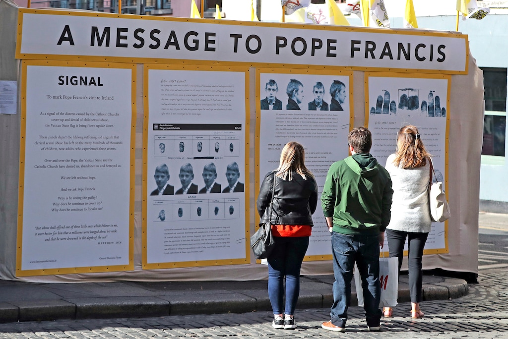 (Niall Carson/PA via AP) An art installation by Manix Flynn protesting the Pope's visit is seen in Dublin City center, Ireland, Thursday, Aug. 23, 2018. When St. John Paul II visited Ireland in 1979, the Catholic Church wielded such power that homosexuality, divorce, abortion and contraception were barely spoken of, much less condoned. Catholic bishops had advised the authors of Ireland's constitution, and still held sway. Today, as Pope Francis prepares to visit, the Catholic Church enjoys no such influence.