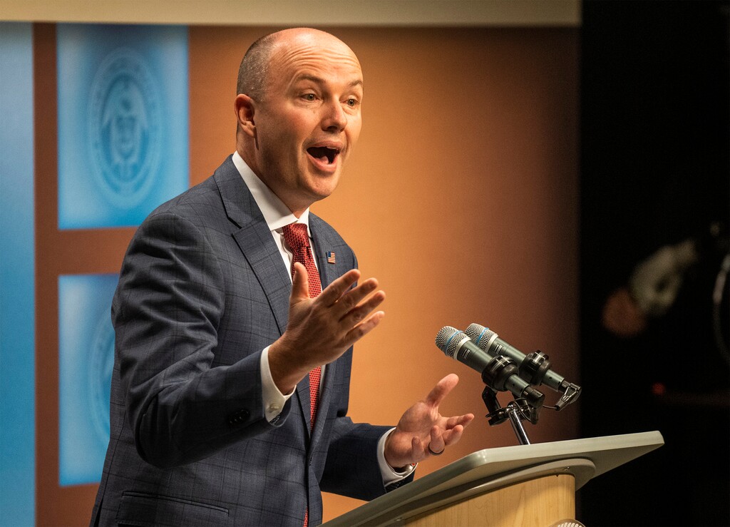 (Rick Egan | The Salt Lake Tribune) Gov. Spencer Cox speaks to media during a monthly news conference in Salt Lake City, Wednesday, Dec. 20, 2023.