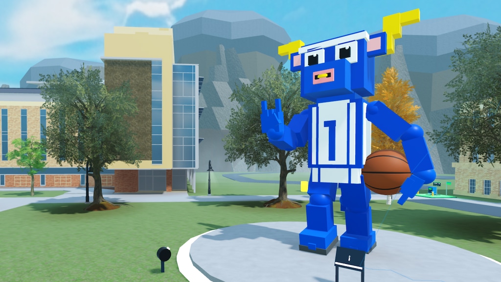 (Utah State University) A statute of Utah State University mascot Big Blue stands on the university's digital campus in the new Roblox game "Aggie Campus Life: USU."