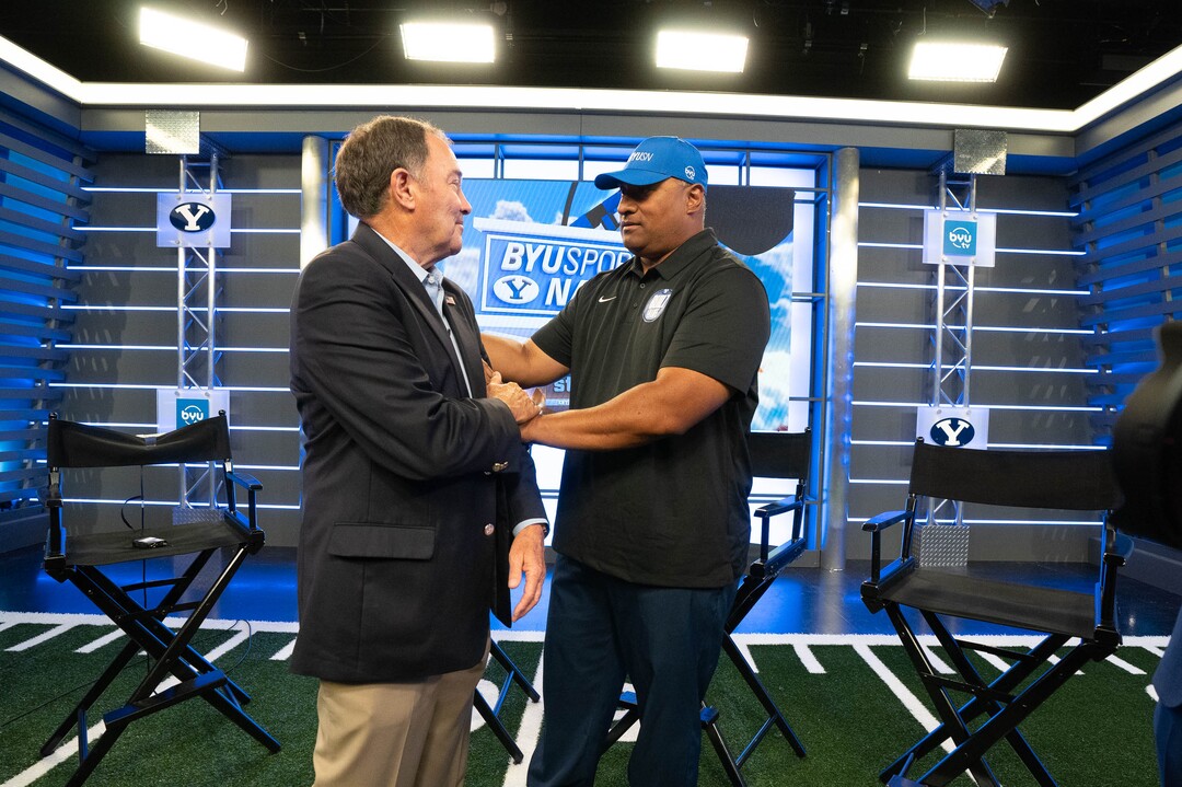 (Francisco Kjolseth | The Salt Lake Tribune) Former Utah governor Gary, left, speaks with BYU head coach Kalani Sitake during BYU Football Media Day at the BYU Broadcasting Building in Provo on Thursday, June 17, 2021.