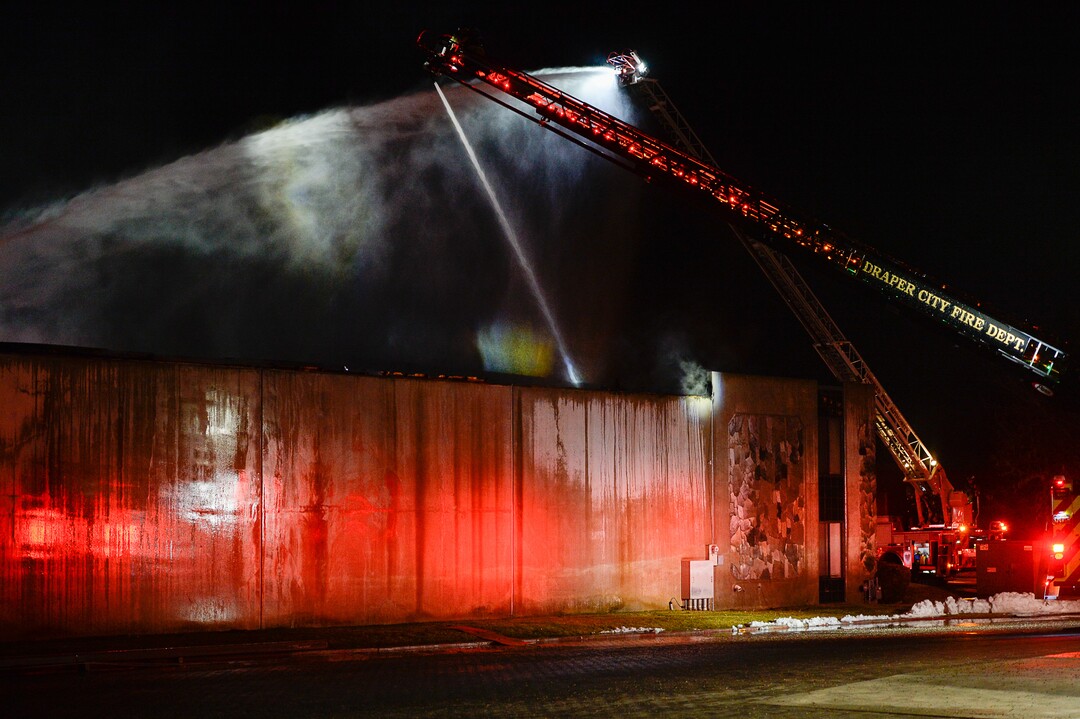 (Francisco Kjolseth  |  The Salt Lake Tribune)  Crews from multiple agencies battled a fire Sunday night that broke out at South Valley Specialties at 9320 S. 547 West in Sandy. The building, where the company makes custom rubber moldings and other products, was declared a complete loss. The cause of the blaze is under investigation.