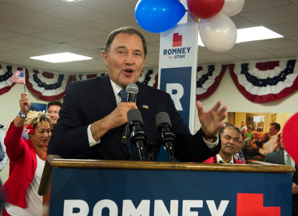 (Rick Egan  |  The Salt Lake Tribune)   Gov. Gary Herbert gives a speech at the Romney headquarters in Orem, on election night, Tuesday, Nov. 6, 2018.