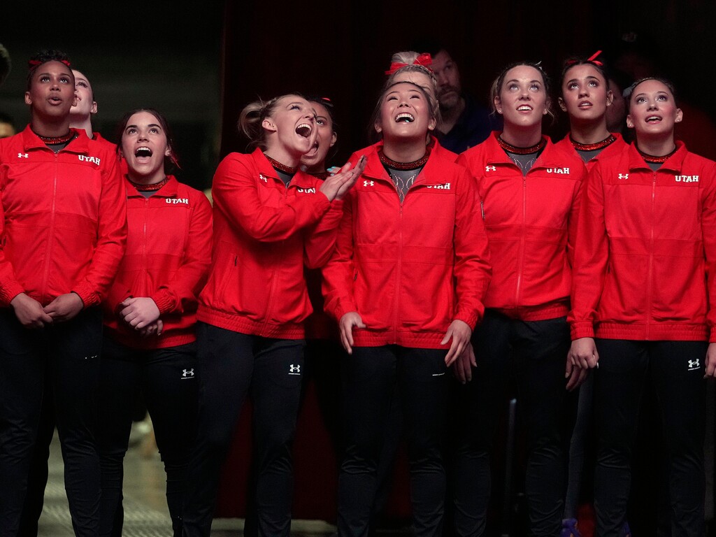 (Leah Hogsten | The Salt Lake Tribune) The Red Rocks react to their introduction on the jumbotron prior to taking the floor as the No. 3 University of Utah hosts No. 6 LSU during the Utes season opener at the Huntsman Center, Jan. 6, 2023.