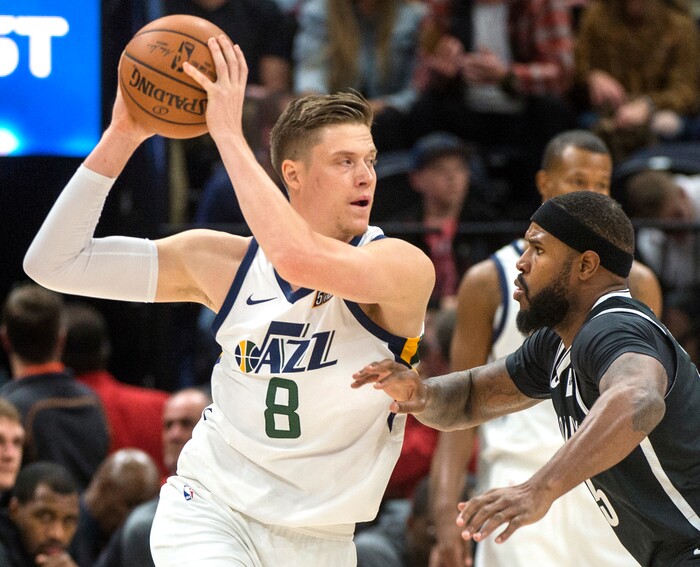 (Rick Egan  |  The Salt Lake Tribune)  Utah Jazz forward Jonas Jerebko (8) tries to work the ball inside as Brooklyn Nets forward Trevor Booker (35) defends, in NBA action, Utah Jazz vs. Brooklyn Nets, in Salt Lake City, Saturday, November 11, 2017.