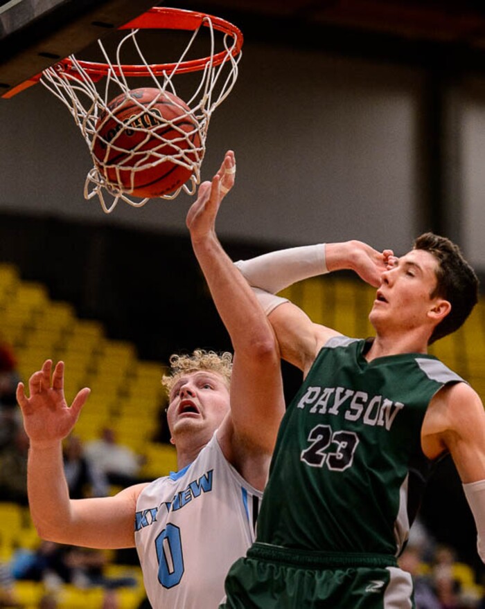 (Trent Nelson | The Salt Lake Tribune)  Payson vs. Sky View, 4A State high school basketball tournament at Utah Valley University in Orem, Thursday March 1, 2018. Sky View's Andrew Dean (0) and Payson's Hagen Wright (23).