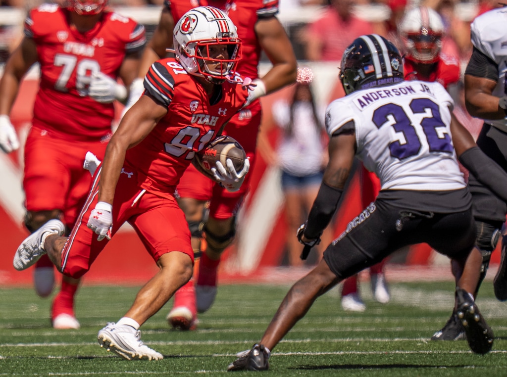 (Rick Egan | The Salt Lake Tribune) Utah Utes wide receiver Mikey Matthews (81) runs for the Utes, in football action between the Utah Utes and the Weber State Wildcats, at Rice-Eccles Stadium, on Saturday, Sept. 16, 2023.