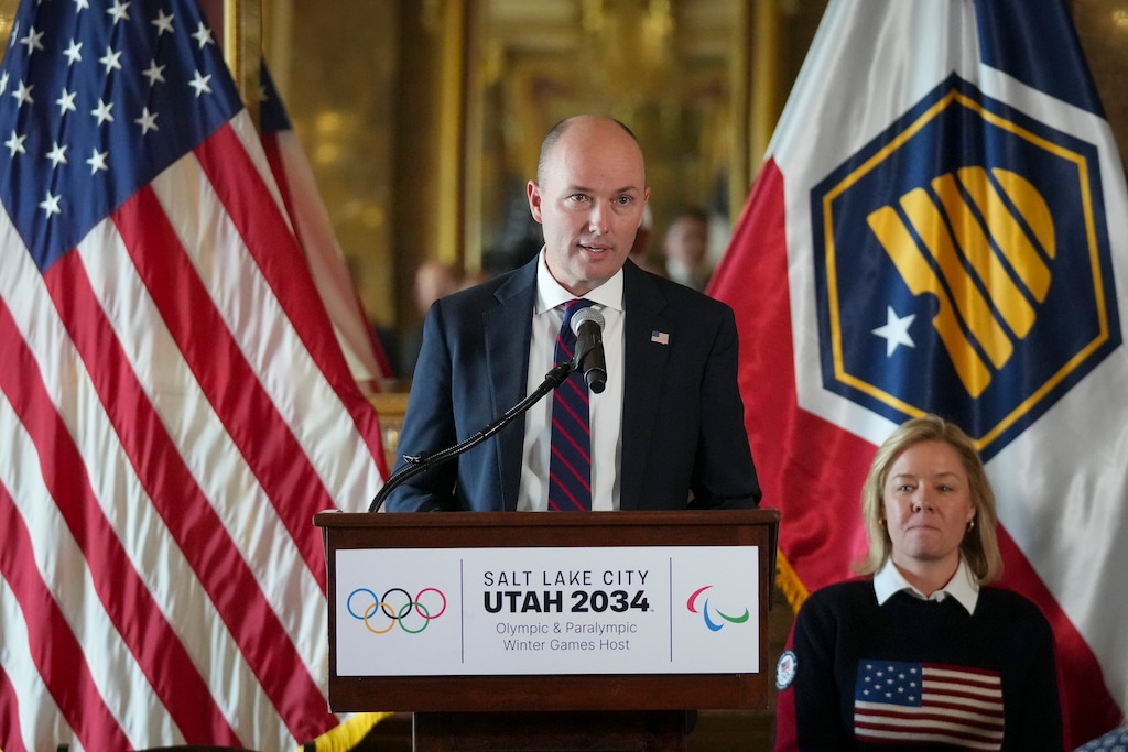 (Bethany Baker  |  The Salt Lake Tribune) Gov. Spencer Cox speaks as state officials announce the formation of the organizing committee for the 2034 Olympics during a news conference at the Utah Capitol in Salt Lake City on Friday, Feb. 14, 2025.