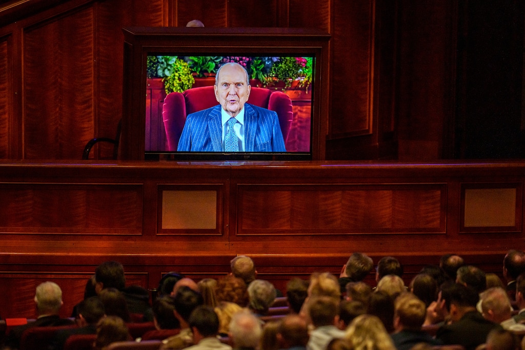 (Trent Nelson  |  The Salt Lake Tribune) President Russell M. Nelson announces 17 new temples in a video address at General Conference on Sunday, Oct. 6, 2024.