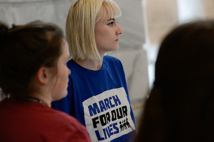 (Francisco Kjolseth  |  The Salt Lake Tribune) Ainsley Moench with March for Our Lives Utah, listens to those speaking during a rally at the Utah Capitol for a mid-session report on the progress of gun violence and public safety bills in the Utah Legislature on Saturday, Feb. 15, 2020.
