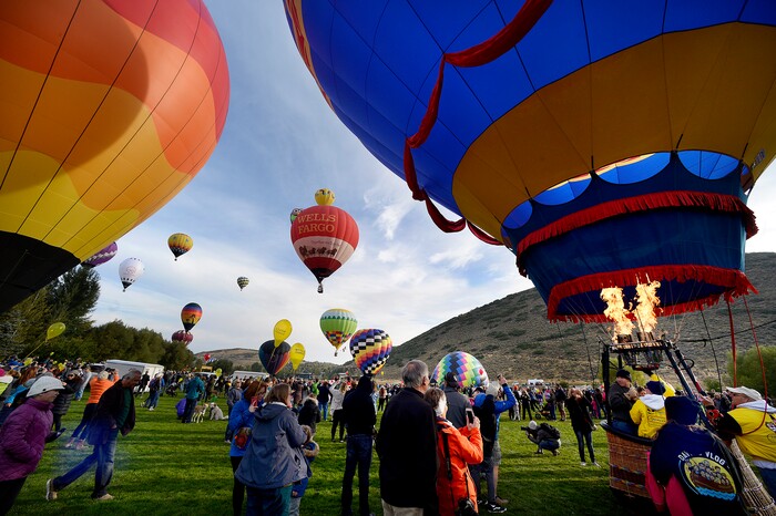 (Scott Sommerdorf | The Salt Lake Tribune)
Balloons launch at the 4th annual Autumn Aloft Hot Air Balloon Festival in Park City, Sunday, September 17, 2017.