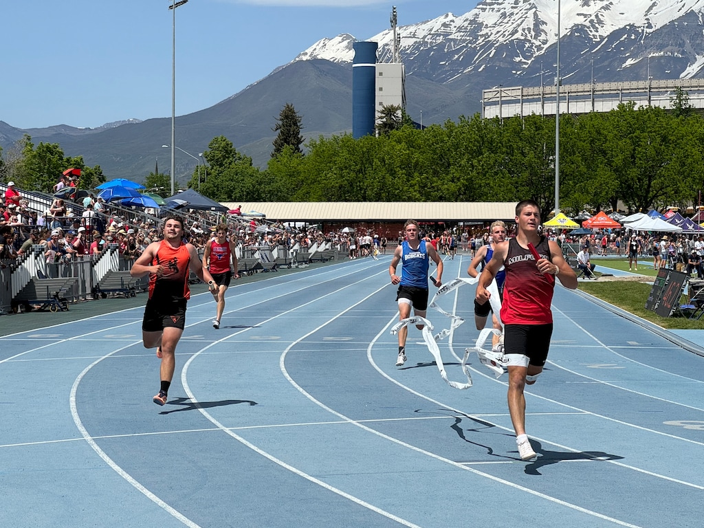 (Alex Vejar | The Salt Lake Tribune) Milford junior Colton Barnes, brother of Utah State quarterback Bryson Barnes, finishes the 4x100 relay during the Utah state track and field meet on Saturday, May 18, 2024 at BYU.