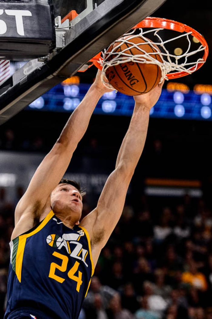 (Trent Nelson | The Salt Lake Tribune)
Utah Jazz guard Grayson Allen (24) dunks. Utah Jazz vs Memphis Grizzlies, NBA basketball in Salt Lake City on Friday Nov. 2, 2018.